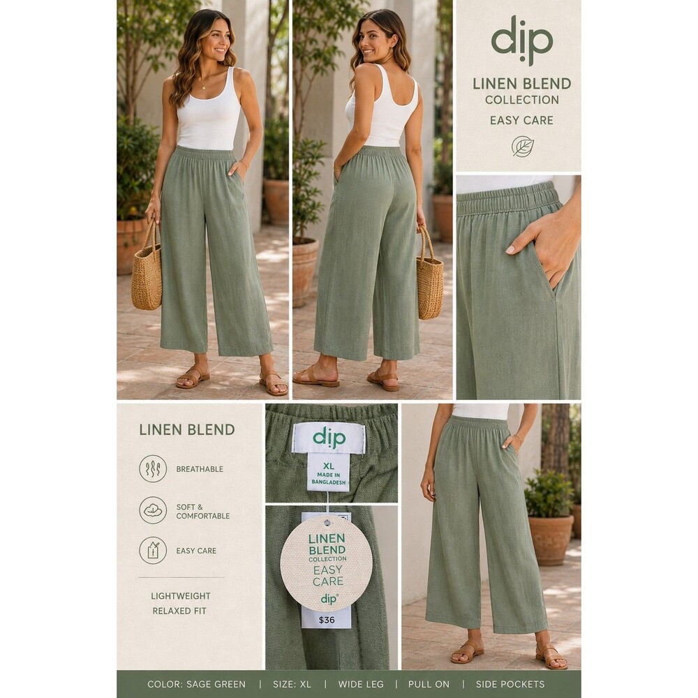 New DJP Women’s XL Sage Green Linen Blend Wide Leg Pull On Pants
